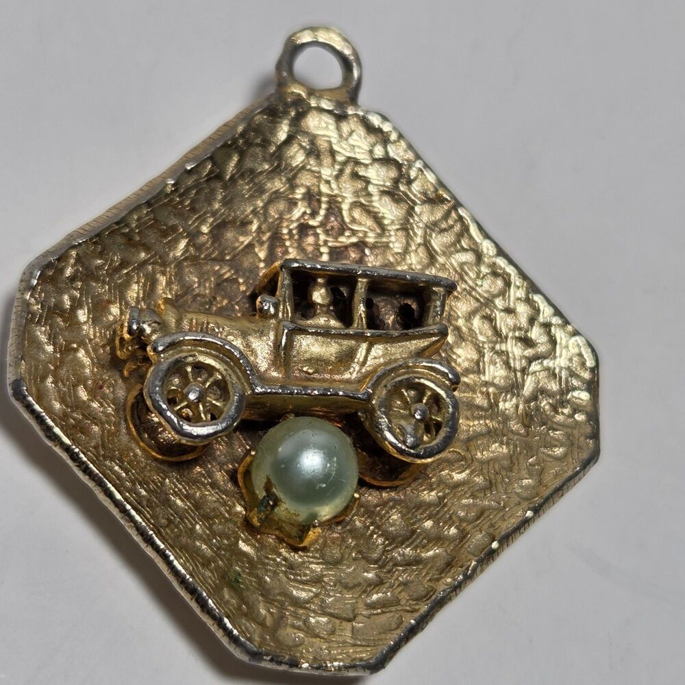 Vintage Signed DeNicola Gold Tone Model T Antique Car Pendant Charm Faux Pearl